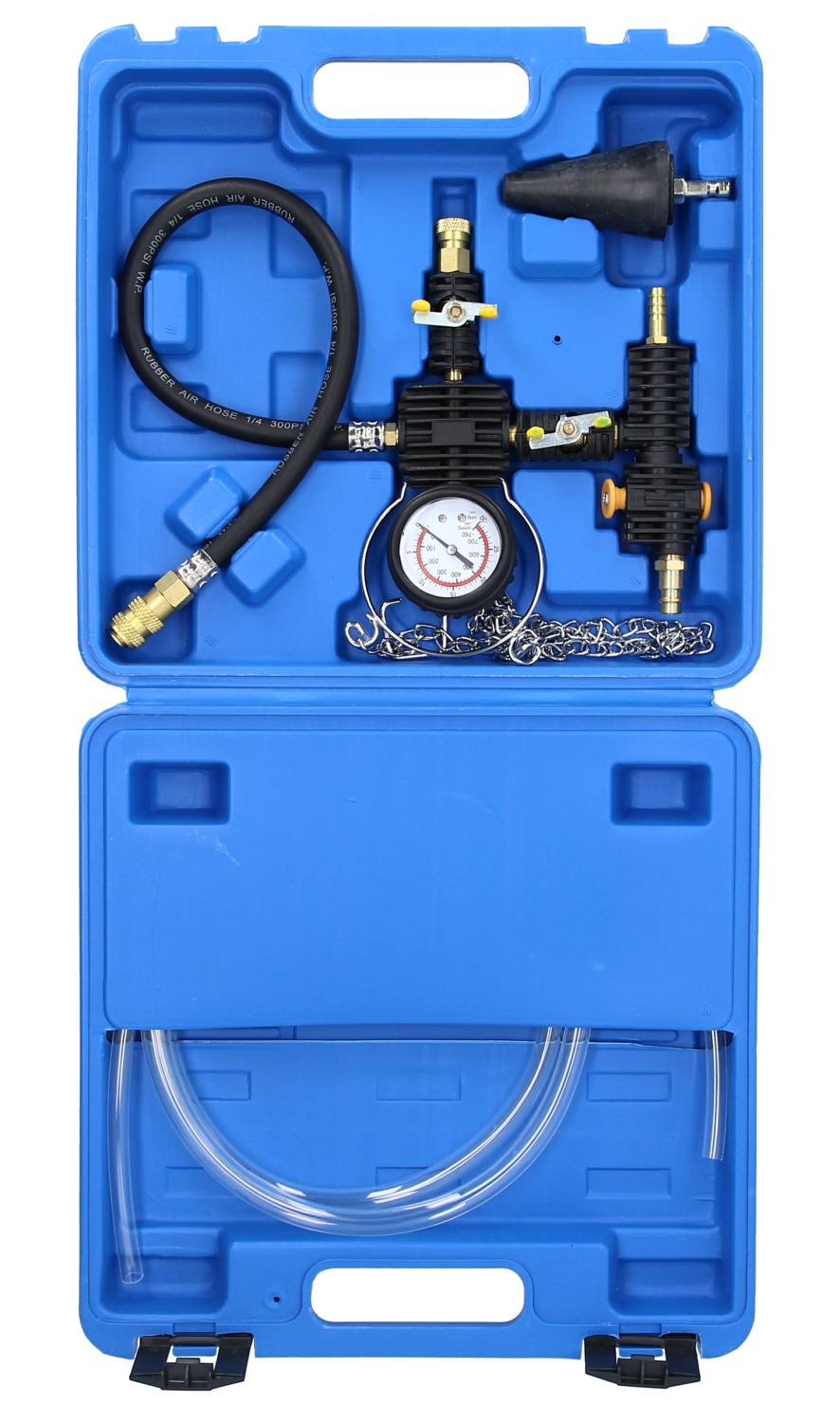 A blue suitcase contains a pressure measuring device with tubes and valves. The upper compartment shows the device and accessories, while the lower compartment is empty.