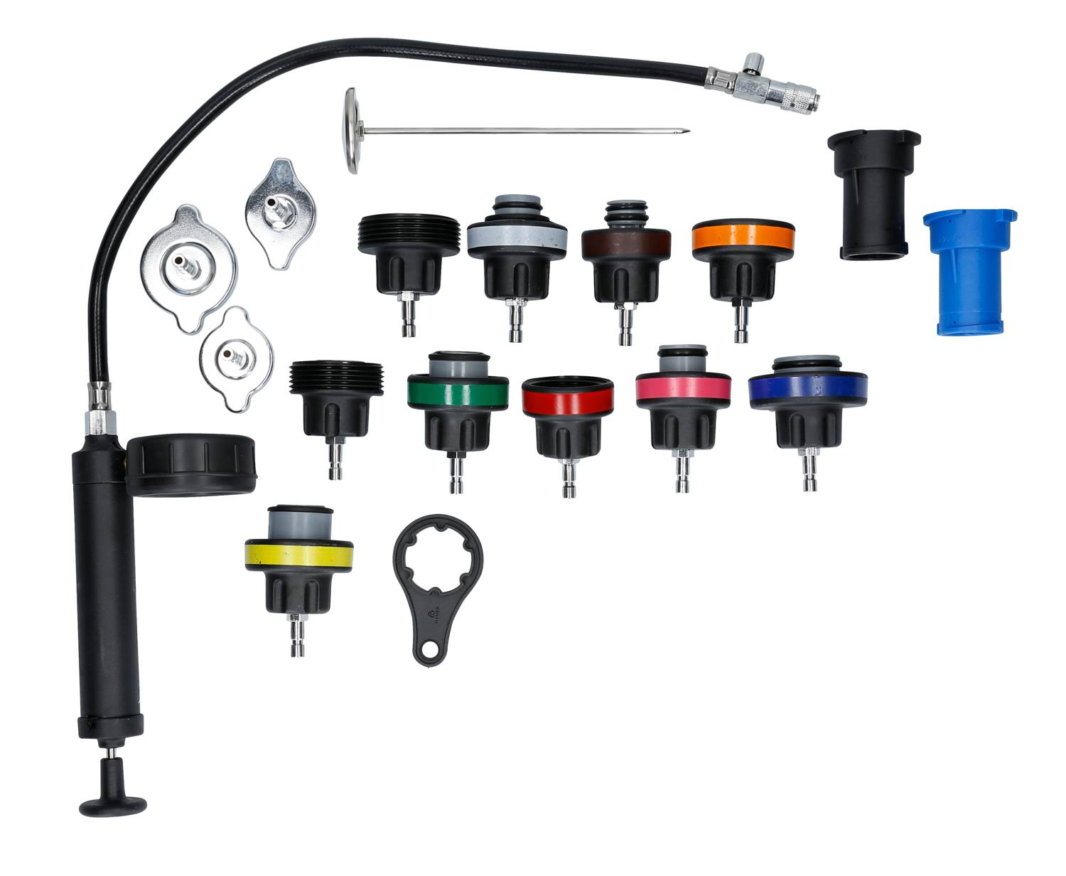 'Cooling system pressure testing kit with various adapters, a pressure pump and accessories, suitable for diagnosing leaks or pressure issues in vehicle cooling systems.'