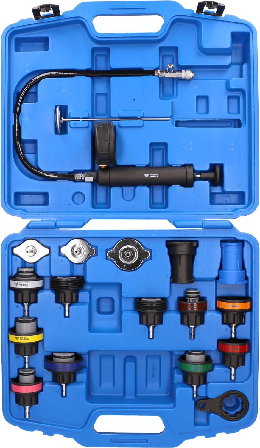 A blue plastic case contains a cooling system pressure testing set with various adapters and a pressure tester.