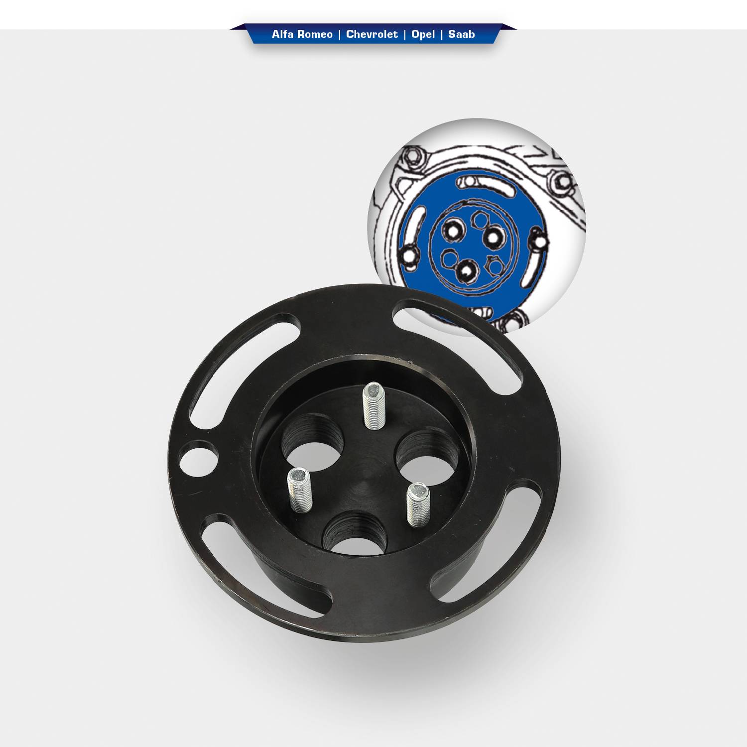 Round automotive part with four bolts, surrounded by a blue sketch showing construction details. Brand bar at the top: Alfa Romeo, Chevrolet, Opel, Saab.