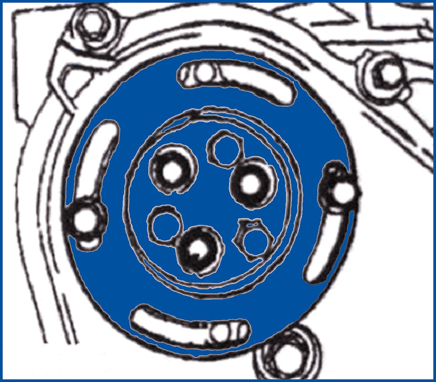 Technical drawing of a component with a blue gear ring from a mechanical engineering application, showing screws and mechanical structures.