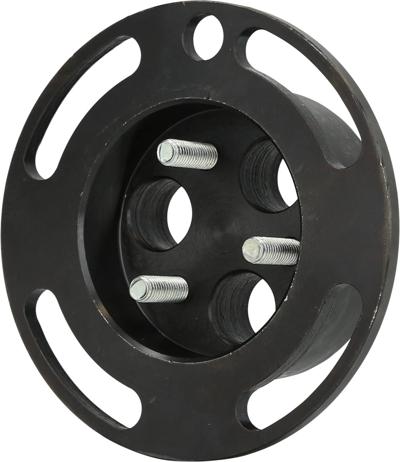 Black metal adapter with three evenly distributed protruding bolts. Used for mechanical fastenings.