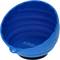 A blue, flexible bowl with a small handle. It is folded and has a round shape. Ideal for camping or travelling.