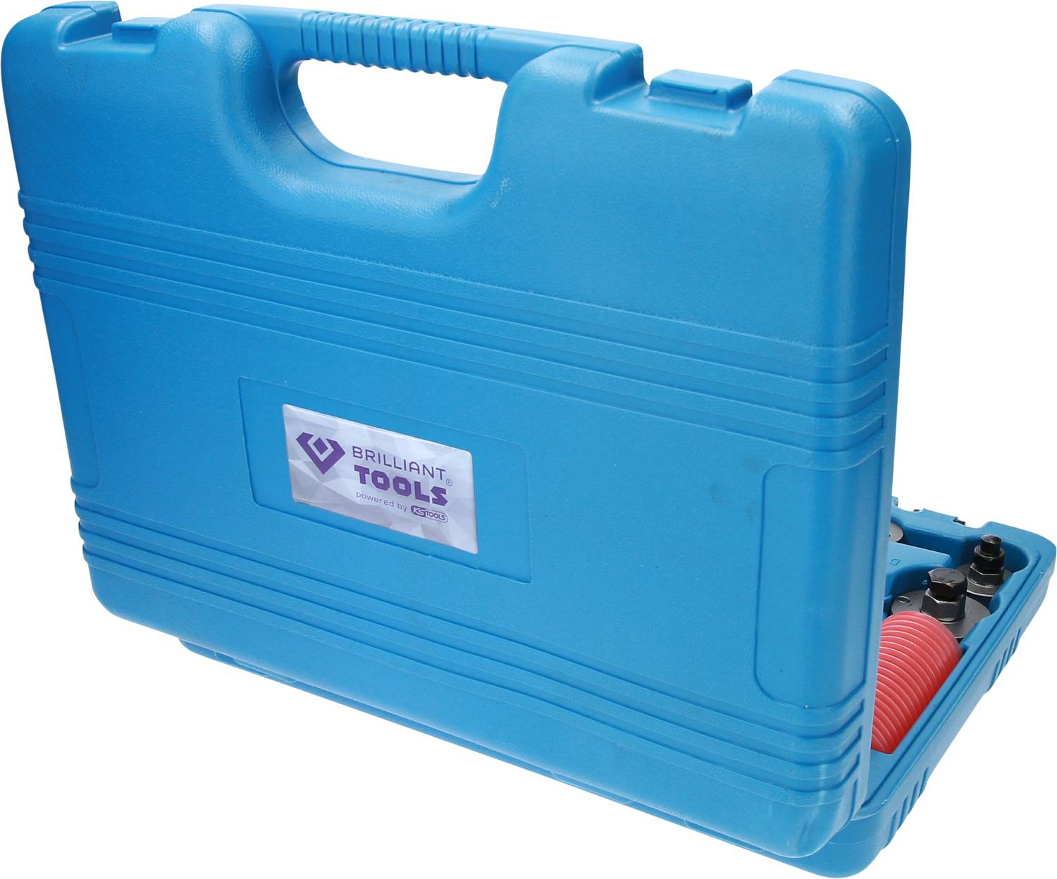 Blue tool case with the print 'Brilliant Tools'. Case opened, showing various tools inside.