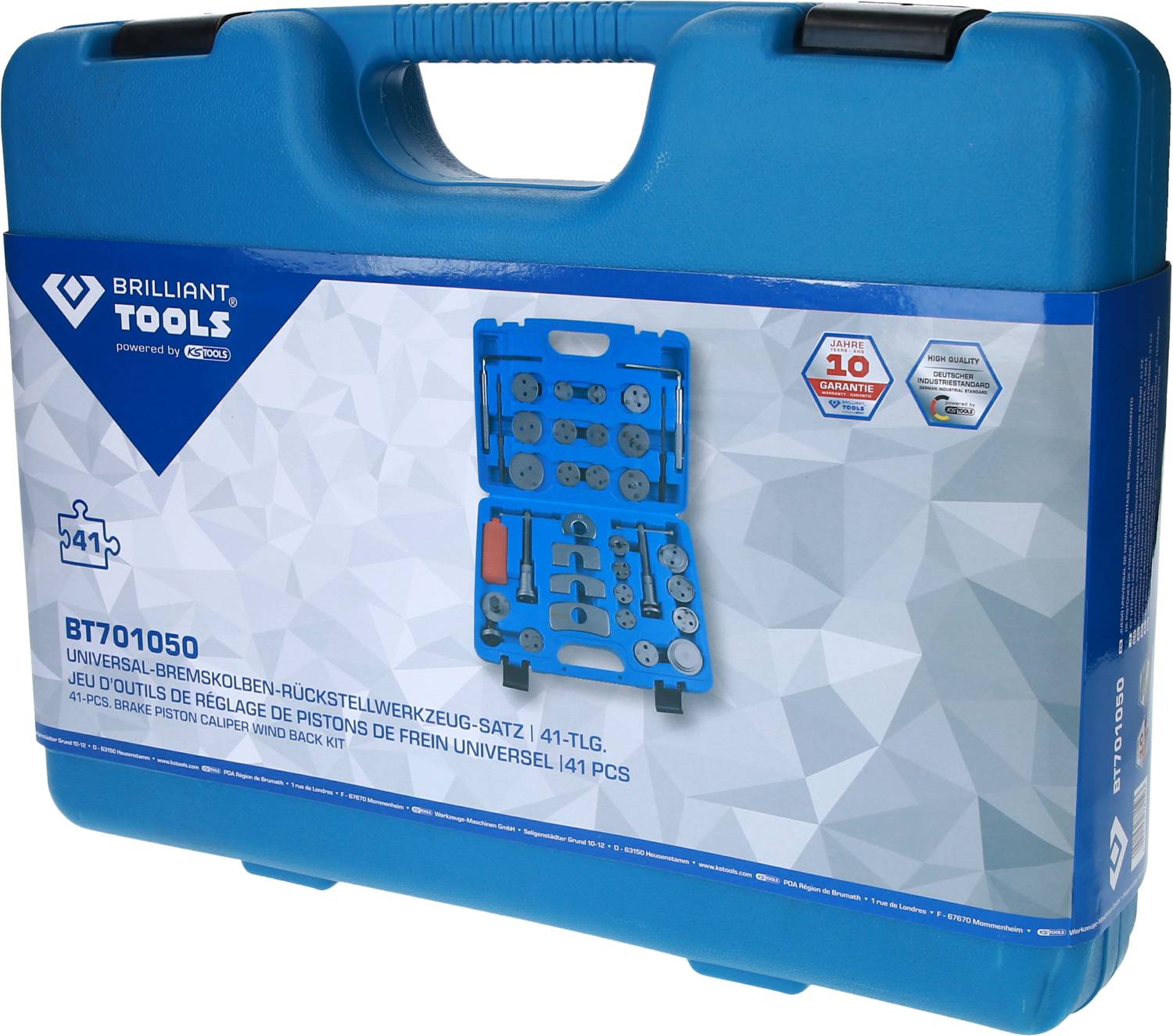 Blue tool case with the inscription 'Universal Brake Calliper Reset Tool Set, 41-piece'. Contains illustration of tool contents and warranty information.
