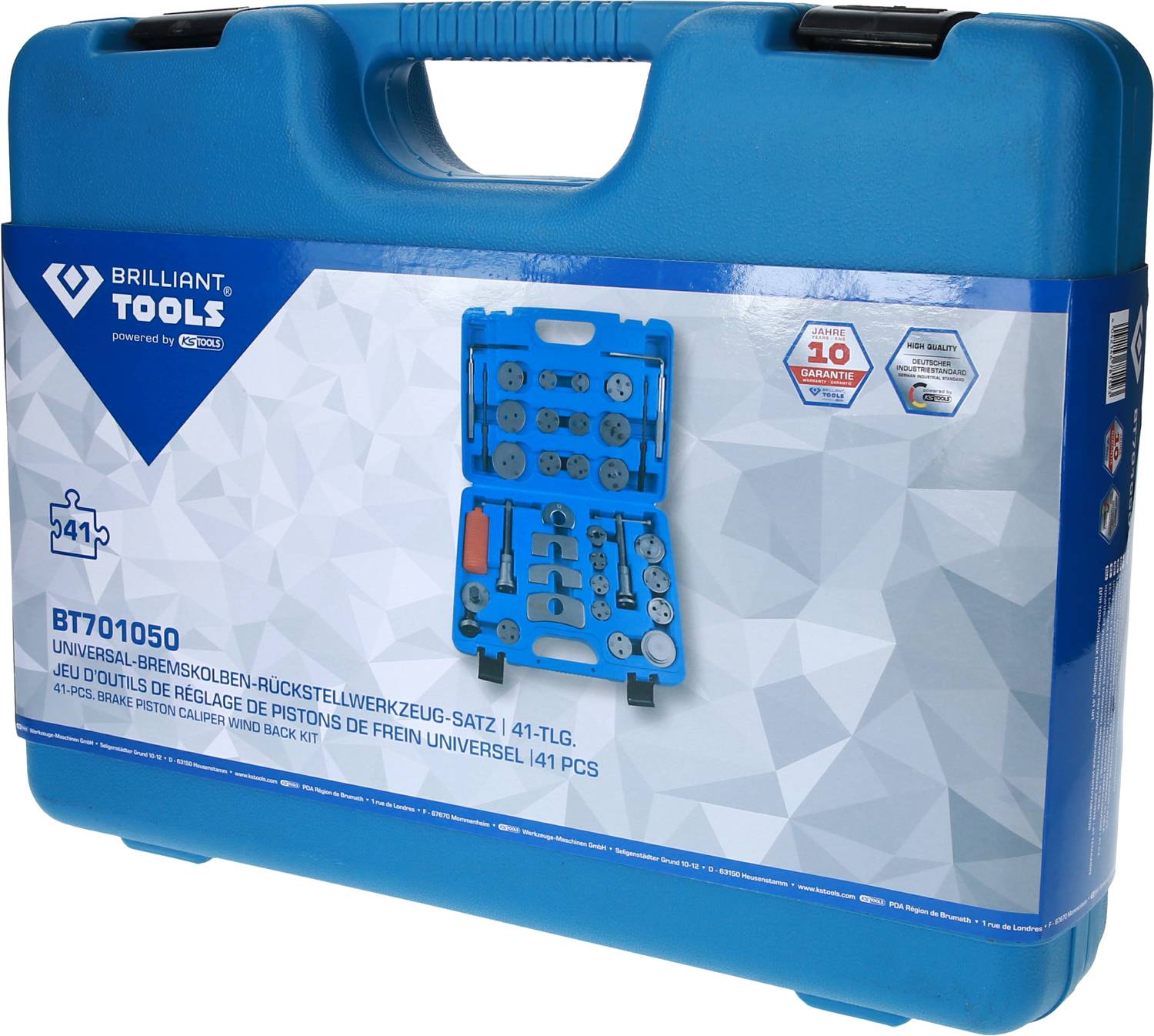 Blue toolbox with tool set. Contains 41-piece universal tool kit for brake caliper resetting. Brand: Brilliant Tools.