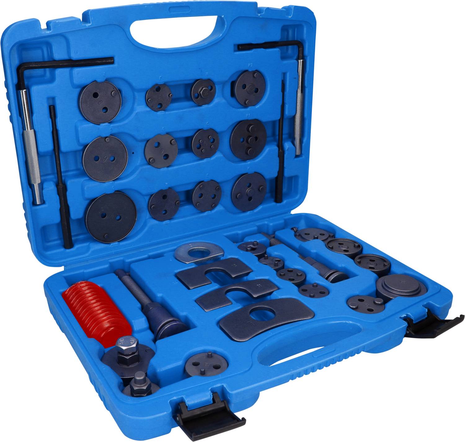 Blue tool case with various car brake repair tools, including calliper piston reset tool and adapters of different sizes.
