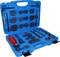 Blue tool case with various car brake repair tools, including calliper piston reset tool and adapters of different sizes.