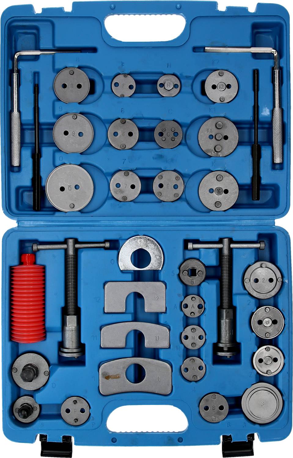 Blue tool case with various wheel puller and accessory parts for vehicle repair.