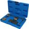 Blue plastic case with brake caliper retraction tool, consisting of various metal parts, for vehicle maintenance.