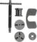 A brake caliper piston reset tool set with hexagonal driver, two round adapter plates and a brake shoe.