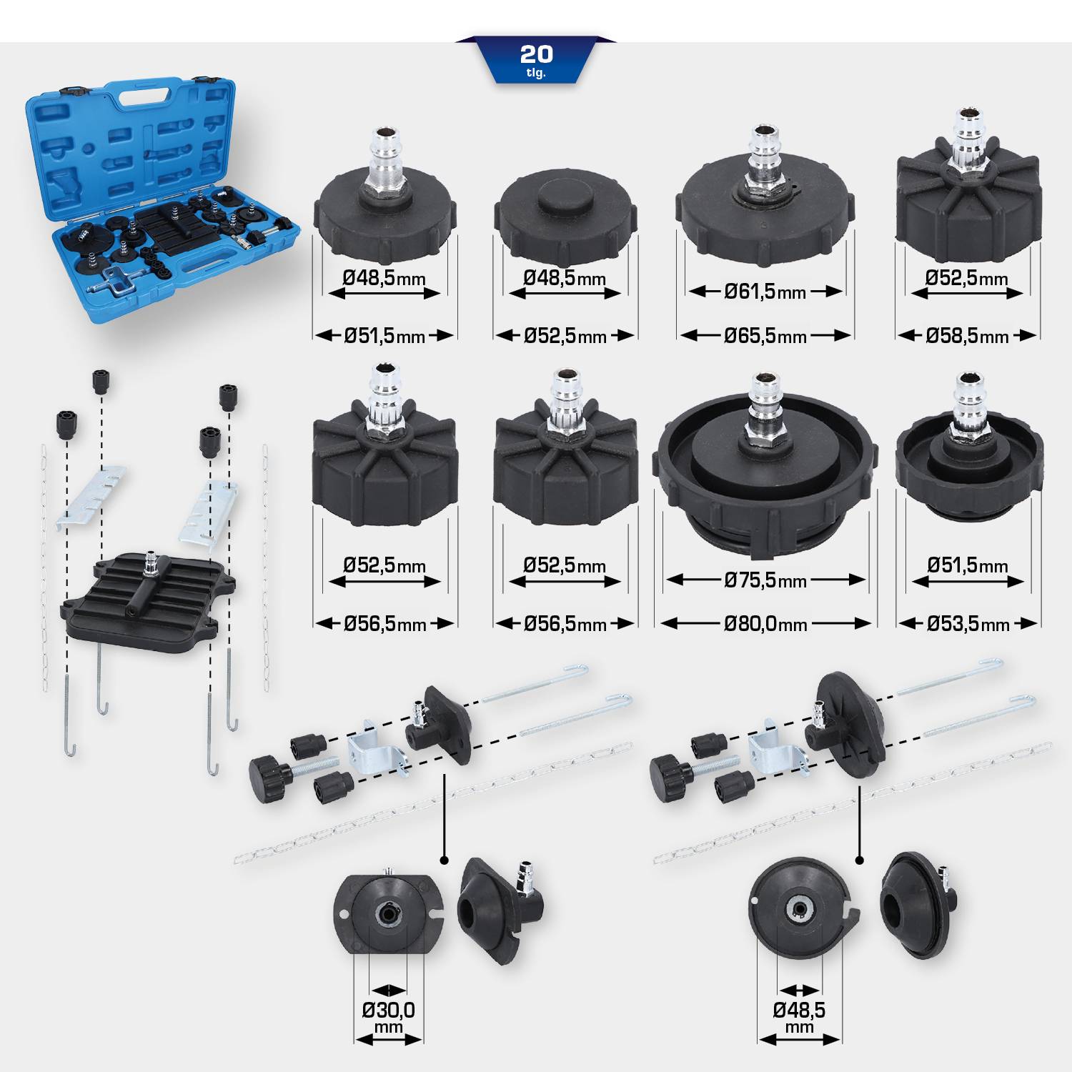 '20-Piece Puller Set' with various attachments in sizes ranging from Ø31.5mm to Ø75mm, shown in open case. Adapters and extension options included.