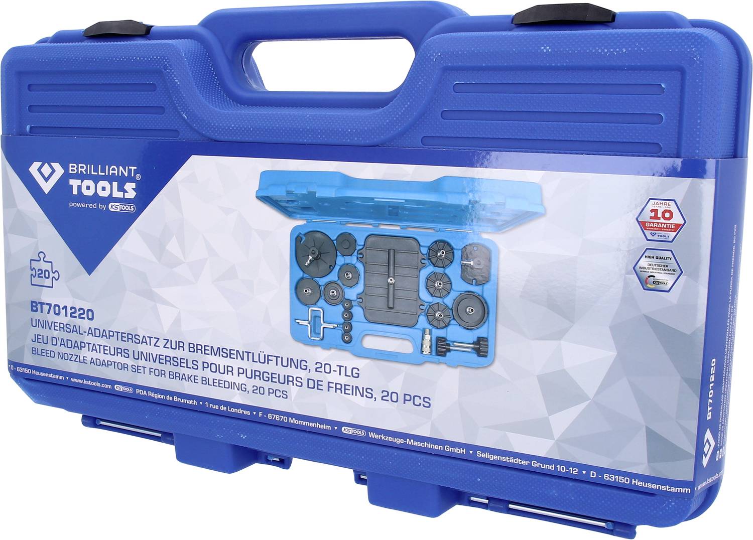 Blue tool case with 20-piece universal adaptor set for brake bleeding. Contains various adaptors and accessories, pictured on the case. Brand logo and warranty information visible.