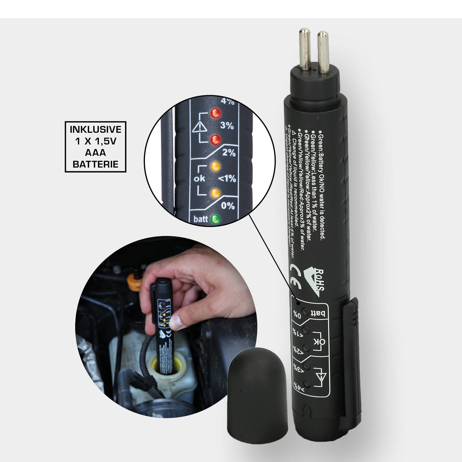 A brake fluid tester indicates water content with LEDs; it is held in one hand. Display: 'includes 1 x 1.5V AAA battery'.
