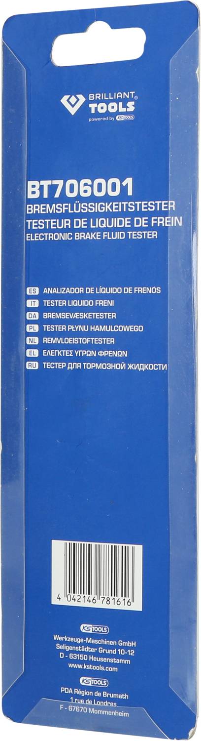 'BT706001 Brake Fluid Tester' packaging, with instructions in multiple languages. Does not contain any visual content for use.