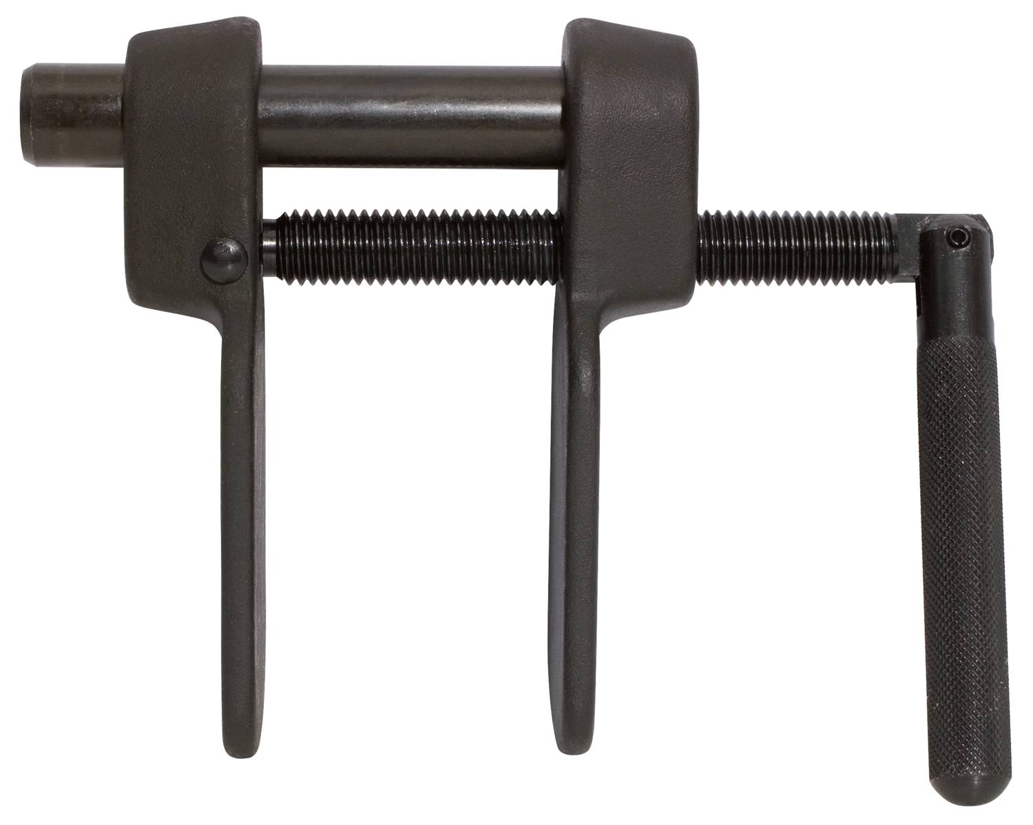 A black vice with screw mechanism and handle. Used for holding objects during work or machining.