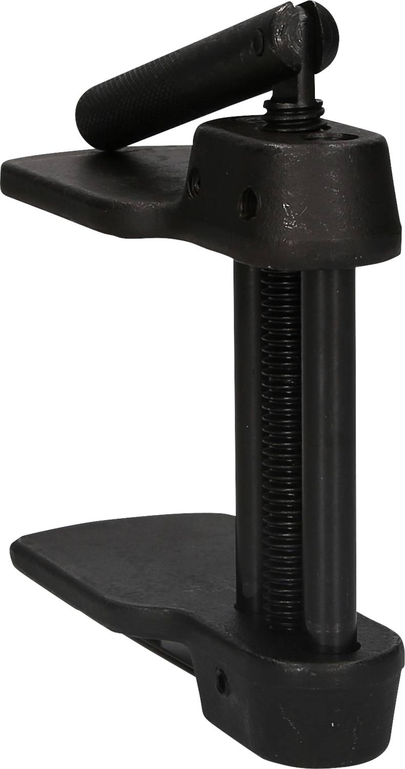 Metal G-clamp, vertically positioned, with an upper handle for tightening, against a white background.