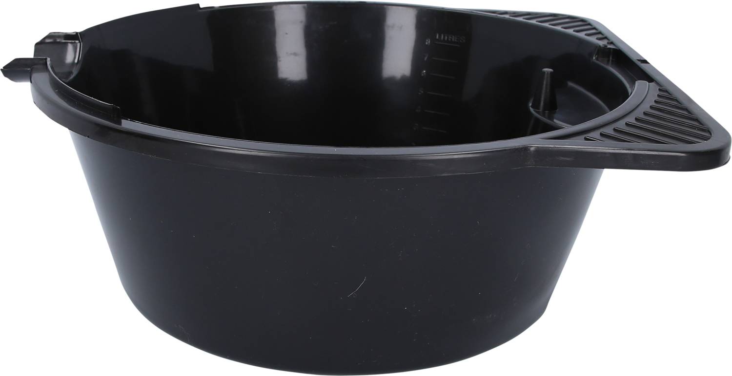 Black plastic mixing bowl with handle and measurement markings on the inner wall, suitable for mixing or stirring ingredients.
