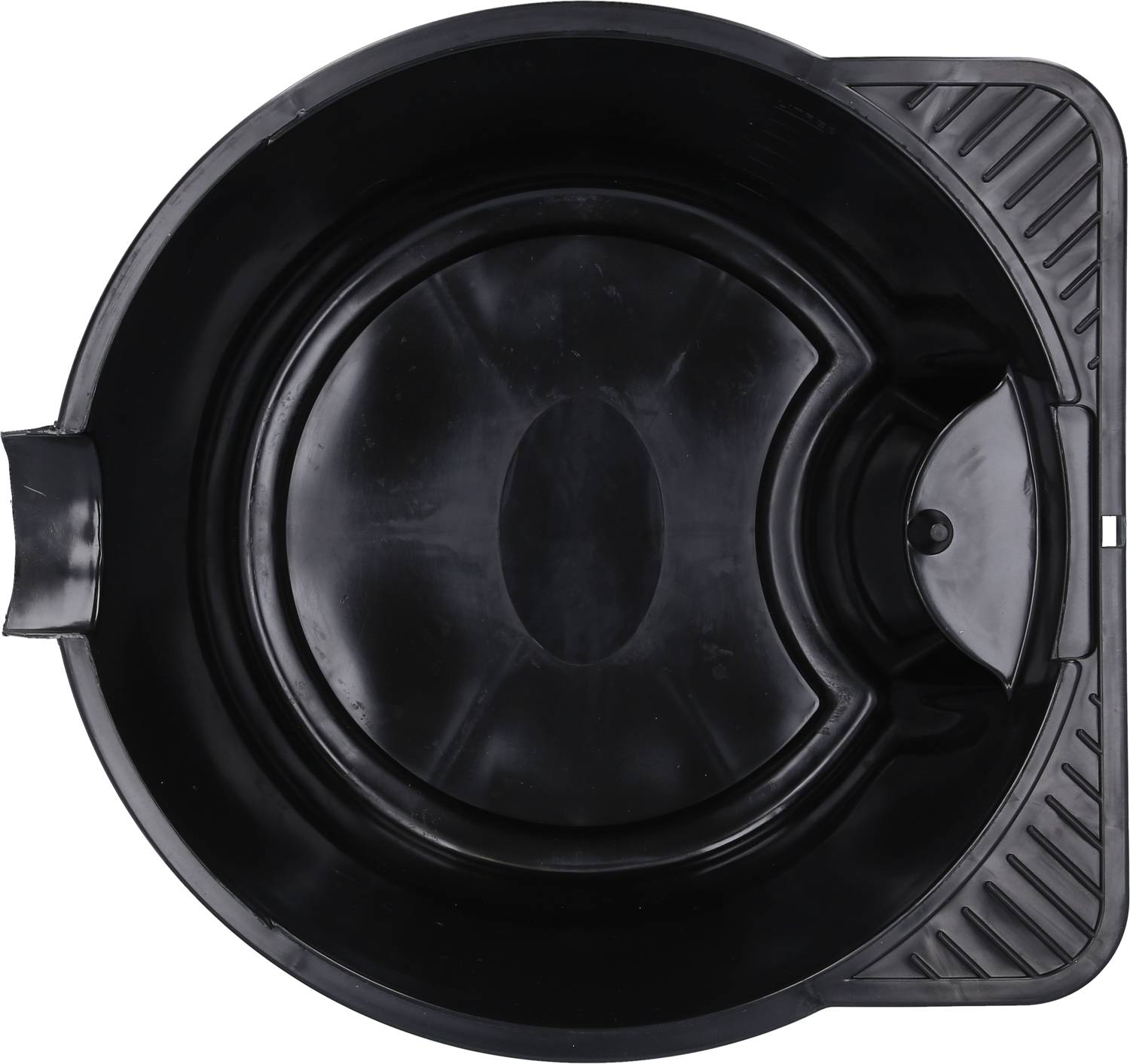 A black, round bowl with a pouring lip, viewed from above. It has ribbed sides and is presumably designed for mixing or pouring.