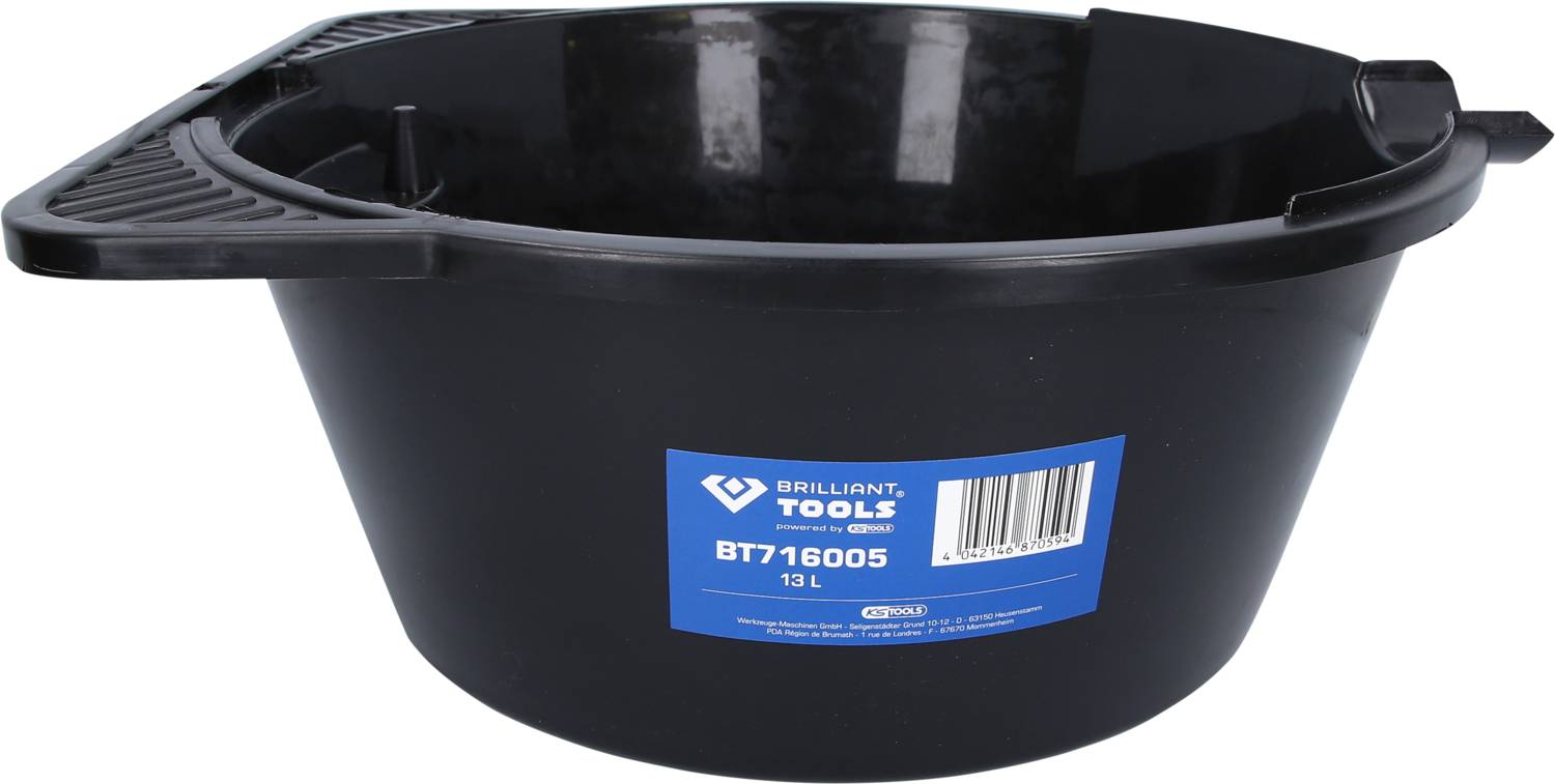 Large black plastic container with side spout and handle. On the blue label it reads 'BRILLIANT TOOLS BT716005 13L'. Ideal for collecting liquids.