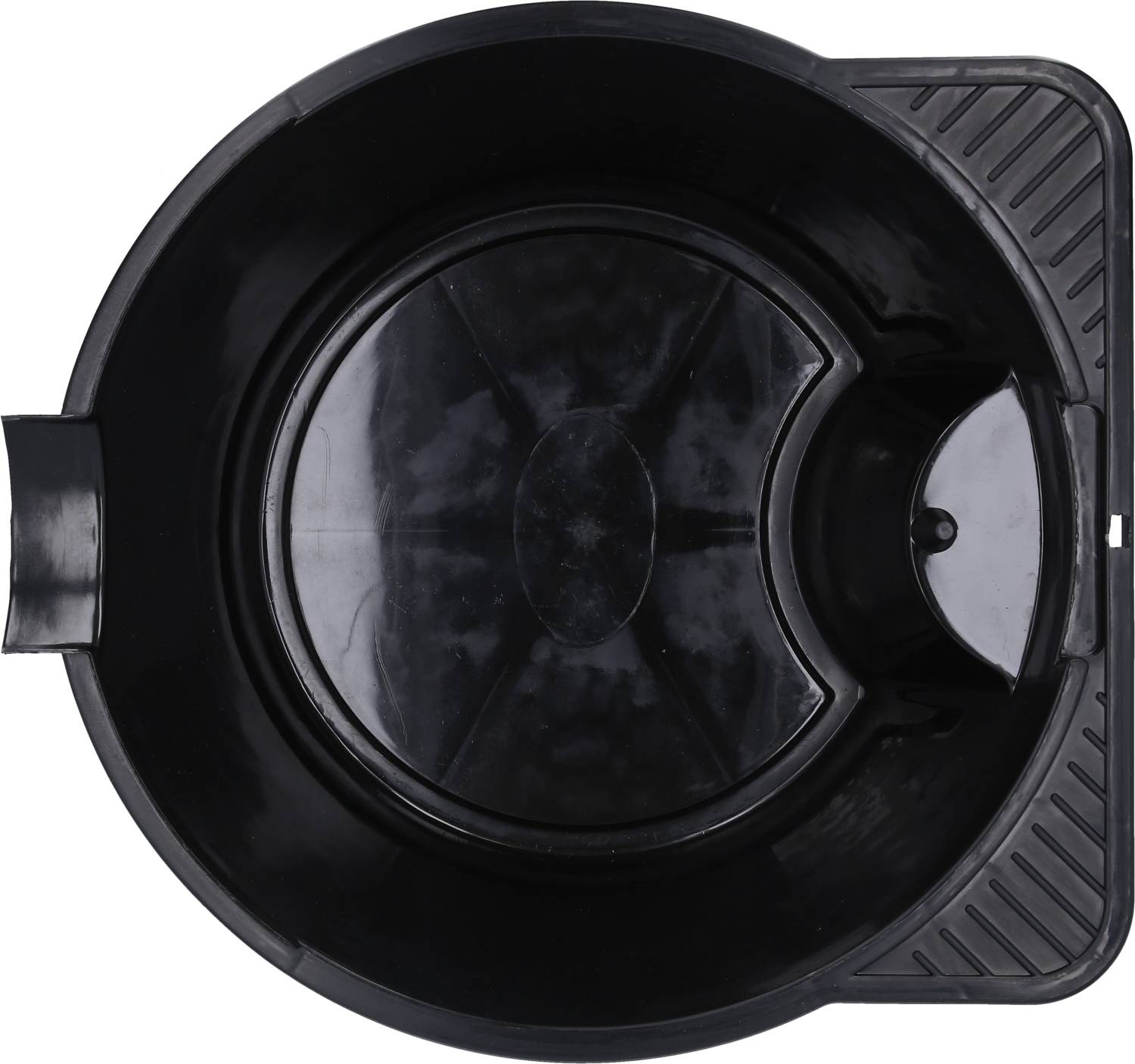 Black round plastic container, open at the top, with a small side drainage area.