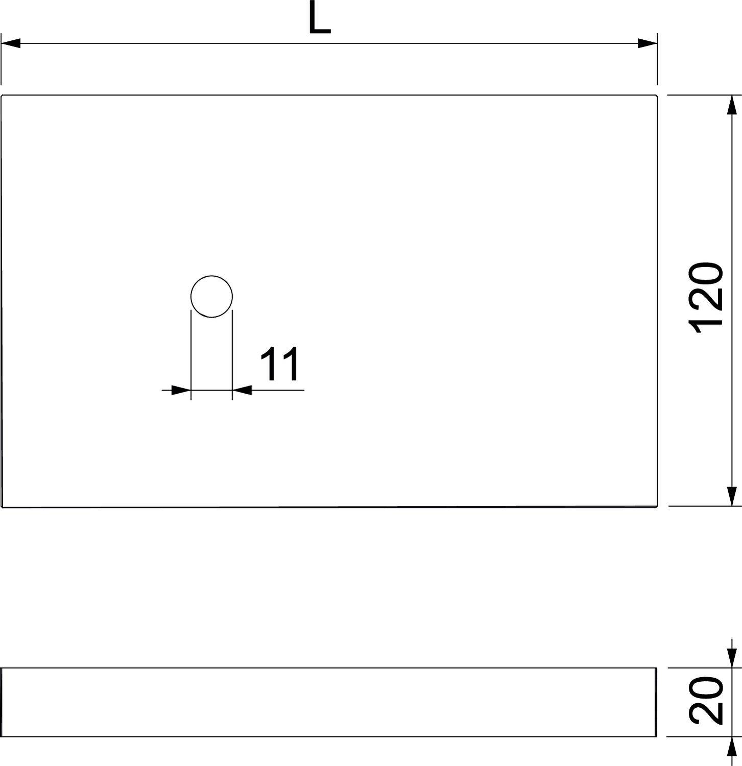 Technical drawing of a rectangular component, 120 mm high, with a hole of 11 mm diameter, 20 mm deep. Length indicated as 'L'.