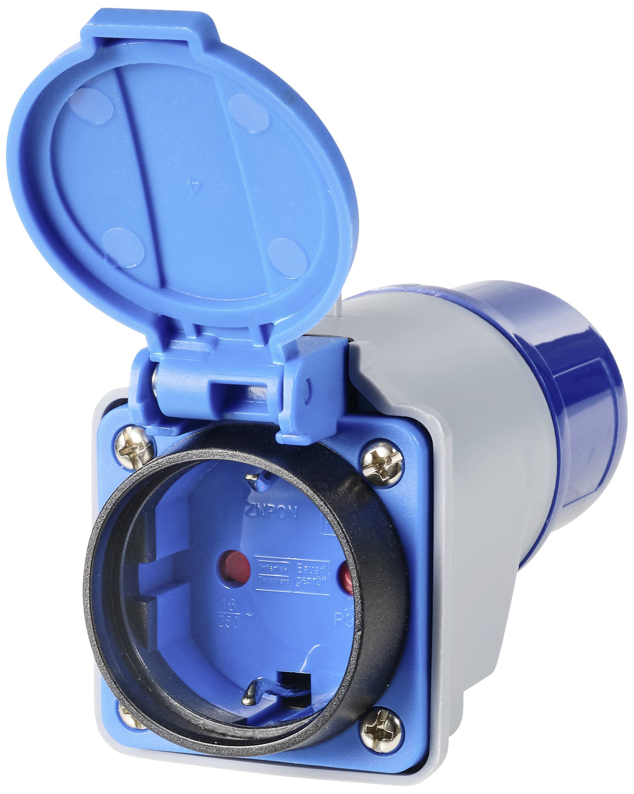 Blue CEE socket with open cap, suitable for industrial applications, shows interior view of contacts.