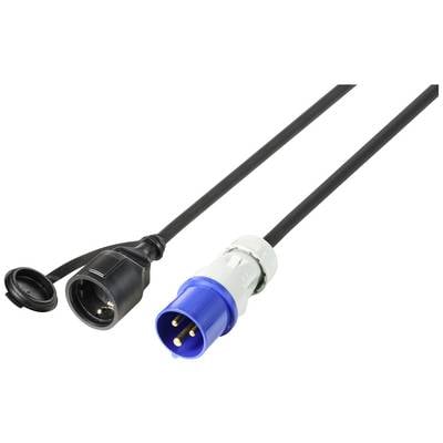 An electrical extension lead with a blue plug and a black socket, suitable for industrial applications.