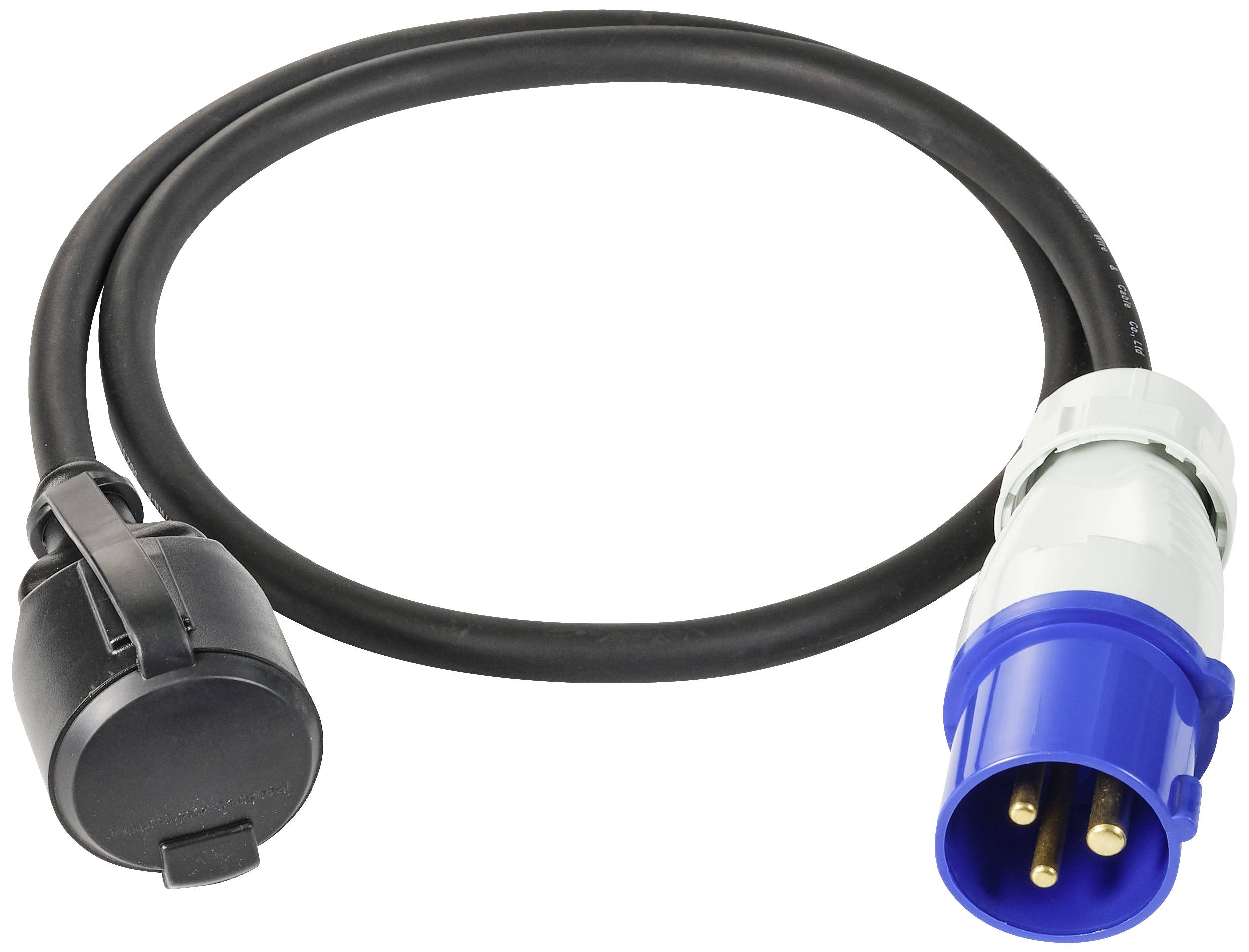 A black cable with a blue three-pin socket and a black adapter, suitable for power supply.