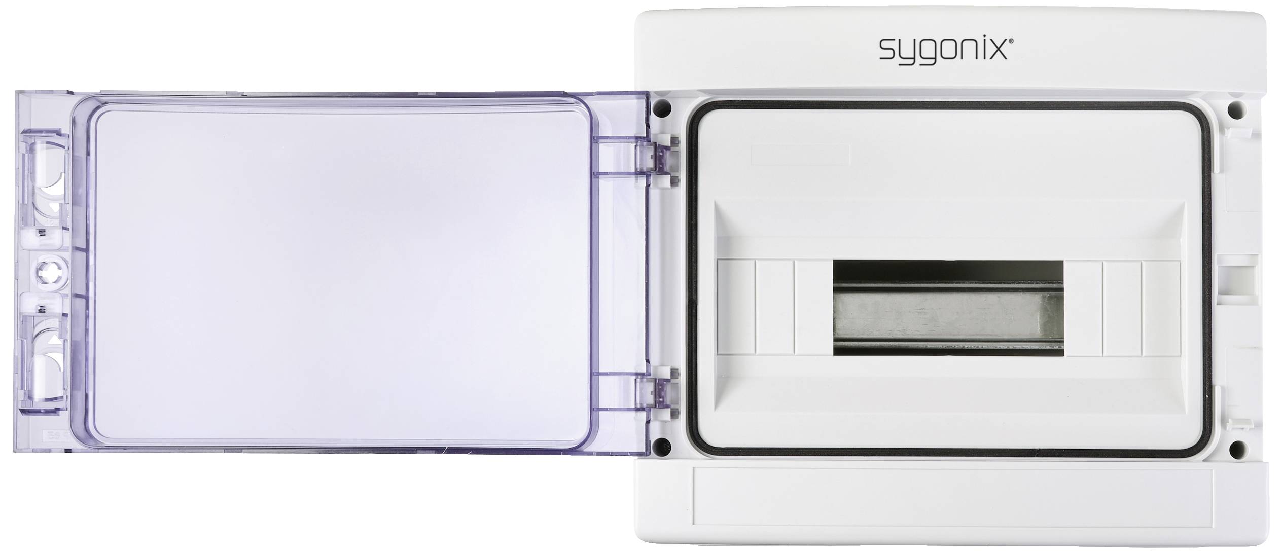 White plastic enclosure with transparent lid, suitable for electrical installations. 'sygonix' brand logo in top right corner.
