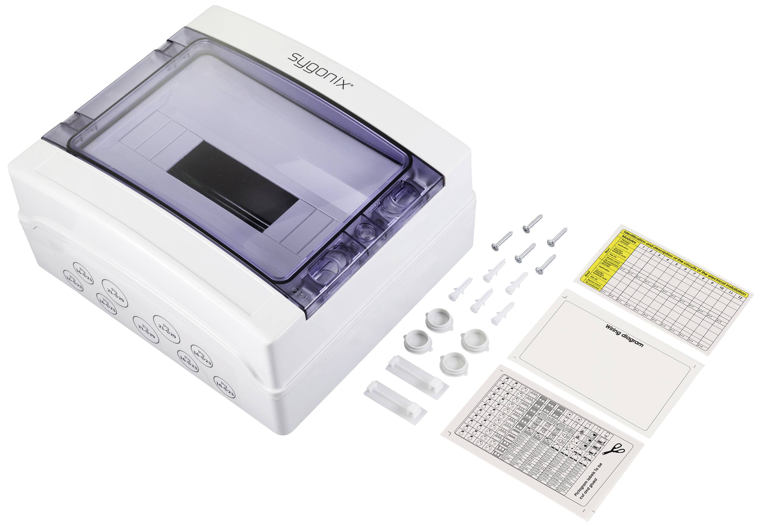 A white printer with a blue lid, with individual components and sheets of paper with text and tables laid out for printing and copying.