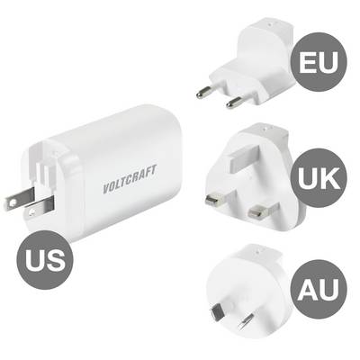 A plug-in charger with four interchangeable adapters for EU, UK, US and AU. Brand name 'Voltcraft' on the charger.