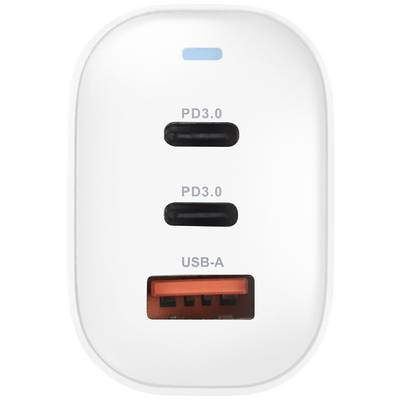 A charger with two USB-C ports, labelled 'PD3.0', and one USB-A port.