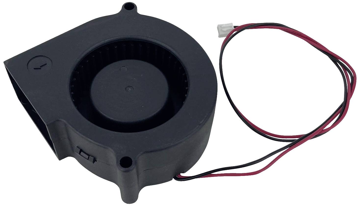 'Small black fan with two cables in red and black. The fan is used for cooling and has a round shape with a casing.'