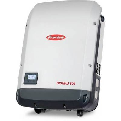 A 'Fronius Eco' inverter, white housing with red logo and display, shows the number '17720'. Device for converting solar energy.