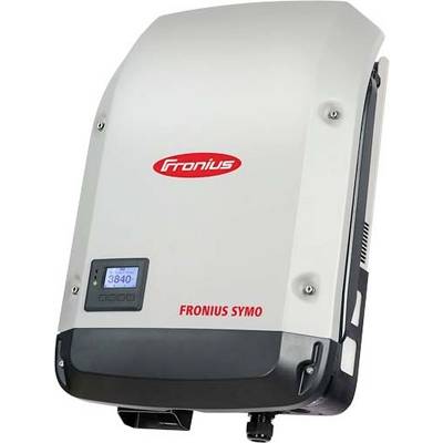 'Fronius Symo' Solar Inverter. White casing with red logo and small display for showing system information.
