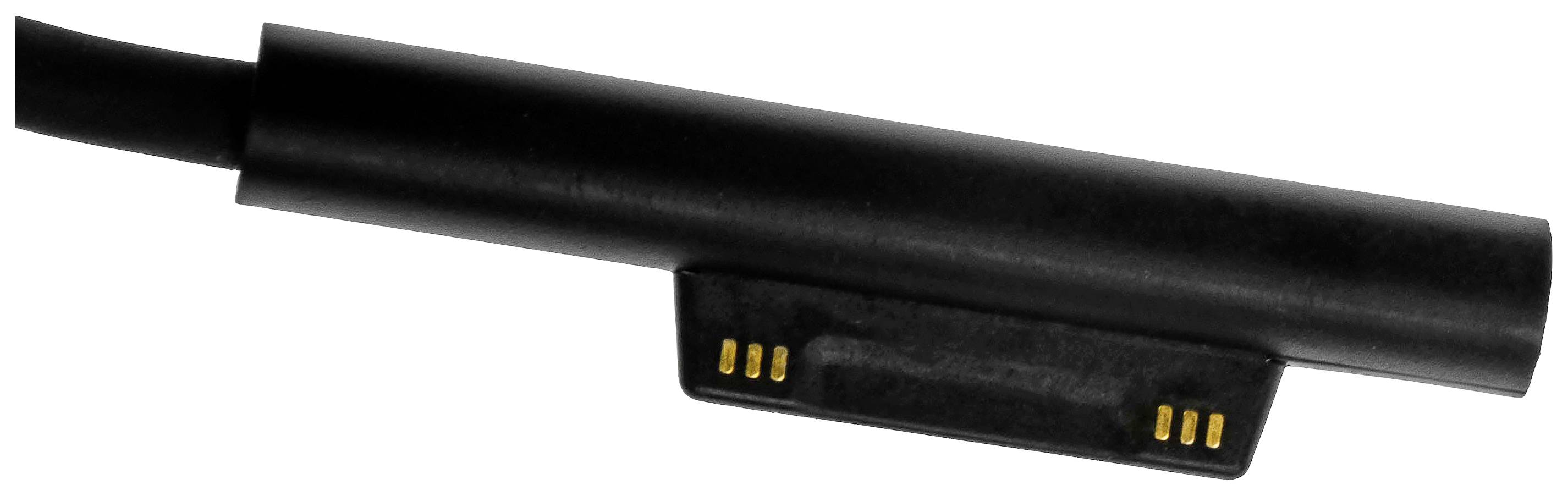Black magnetic power cable with rectangular connector, showing four gold contacts on the underside.