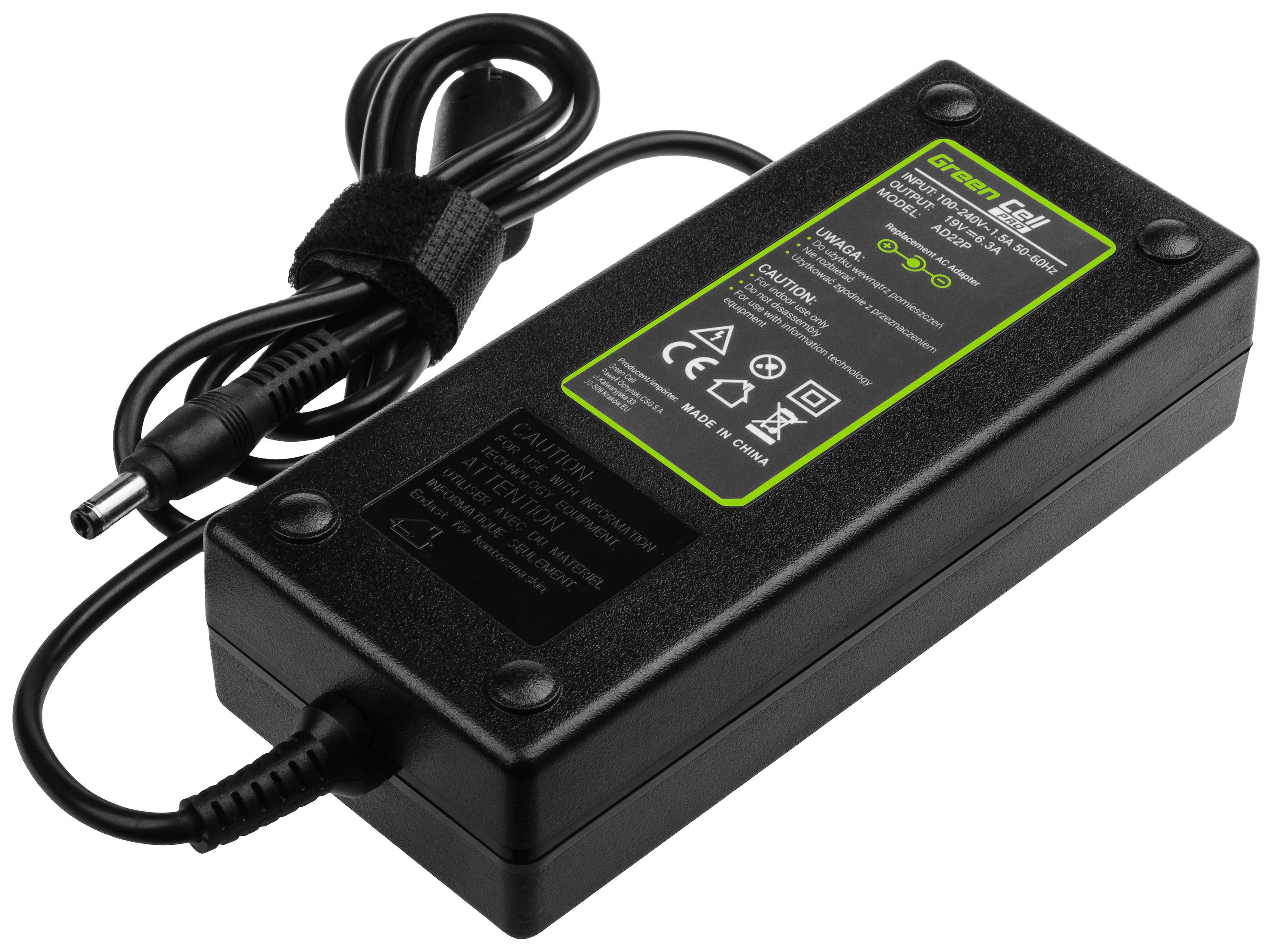 A rectangular laptop charger with pictured cable and plug. Sticker with technical specifications and certifications on the top surface.