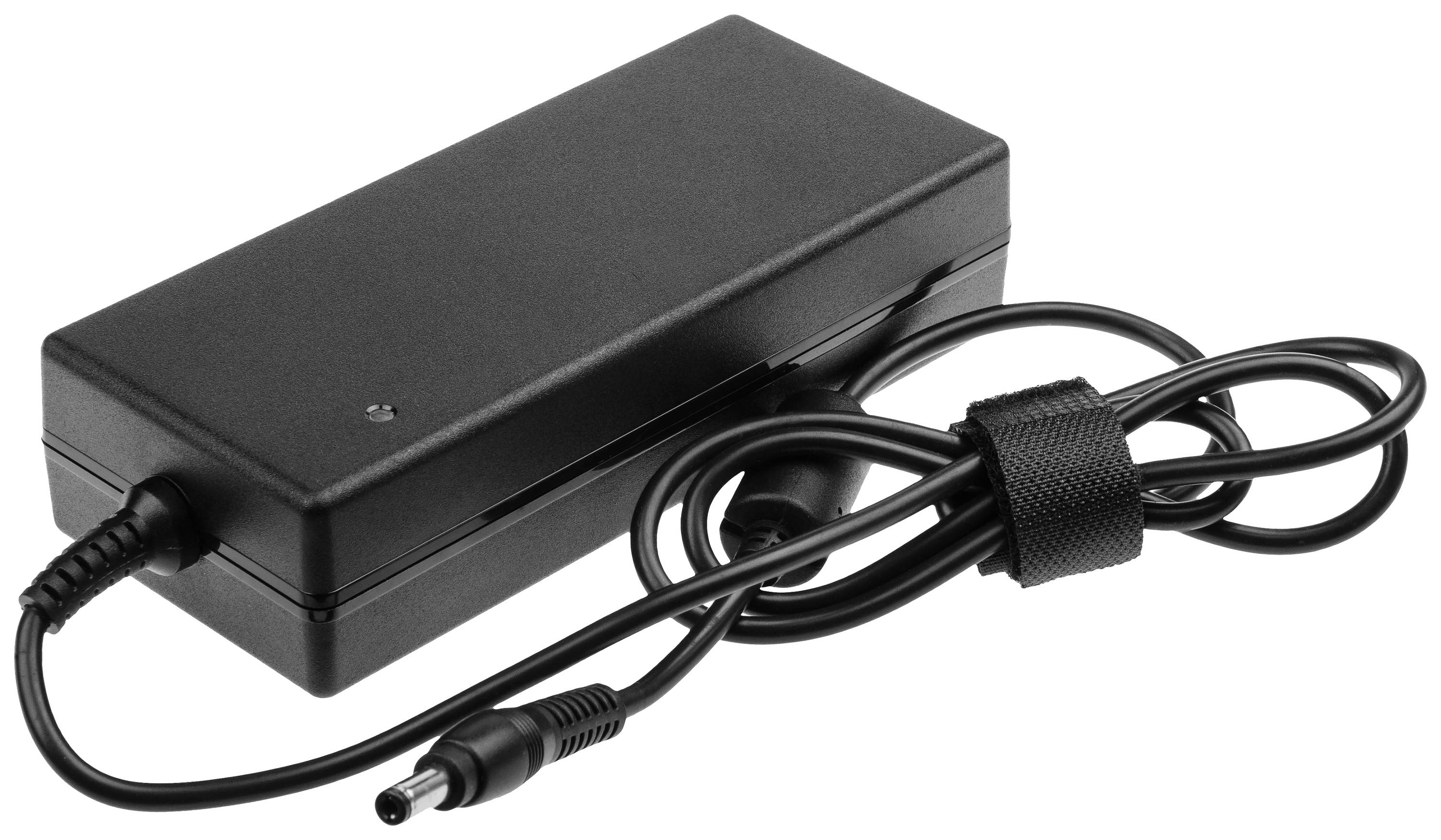 Black rectangular power supply with DC plug and cable, neatly secured with a hook and loop fastener.