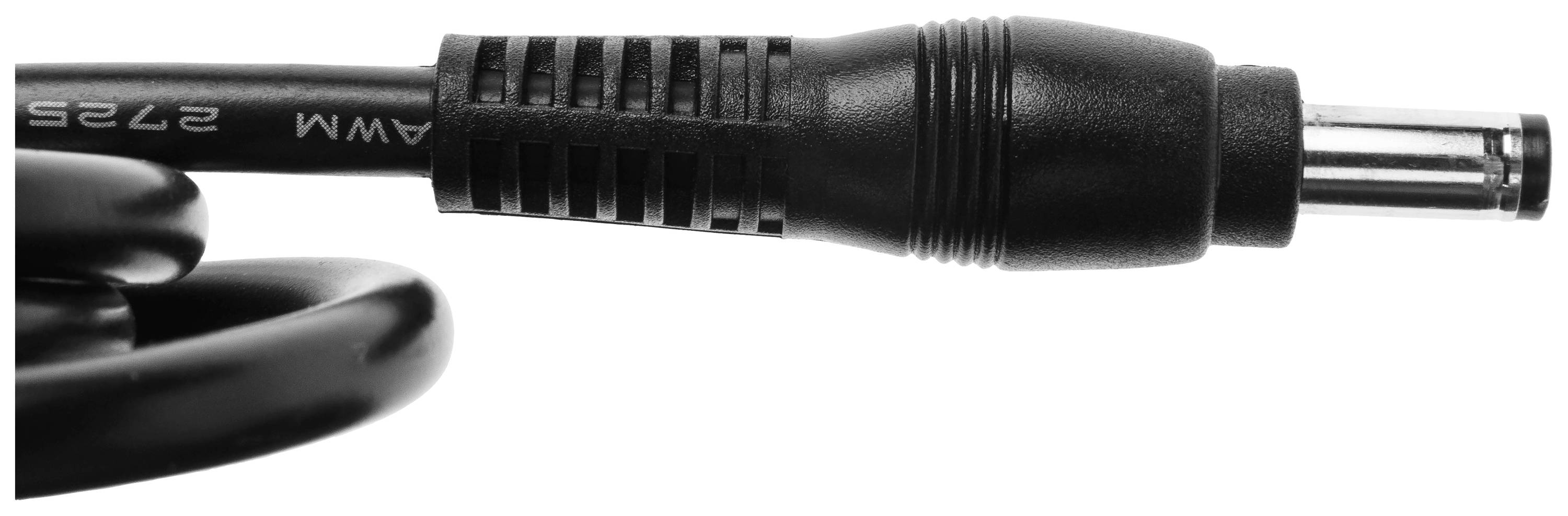 Black direct current plug with coiled connection cable, close-up.