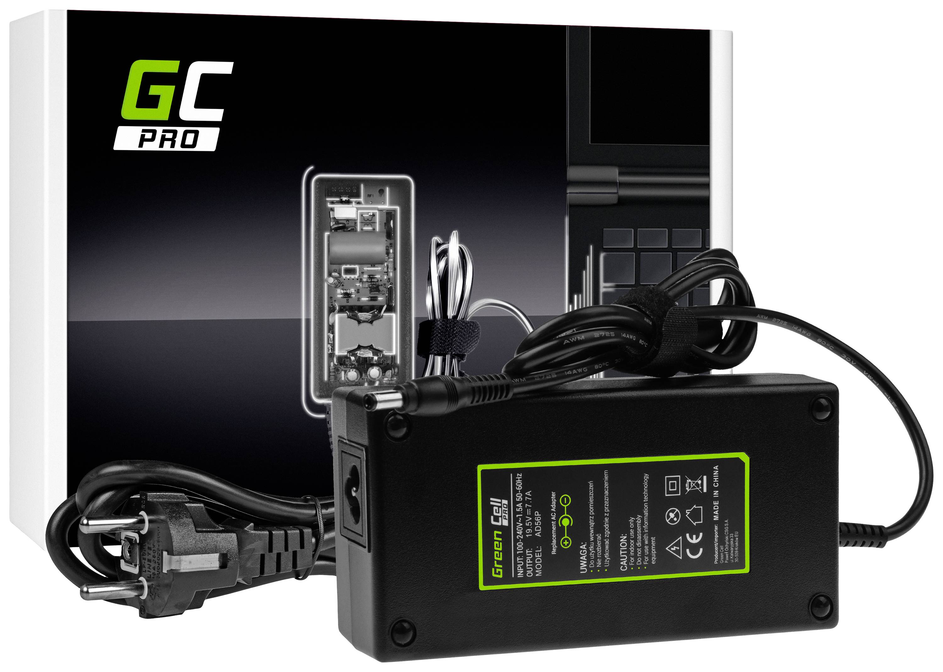 Black power supply with cables in front of packaging with 'GC Pro' print.