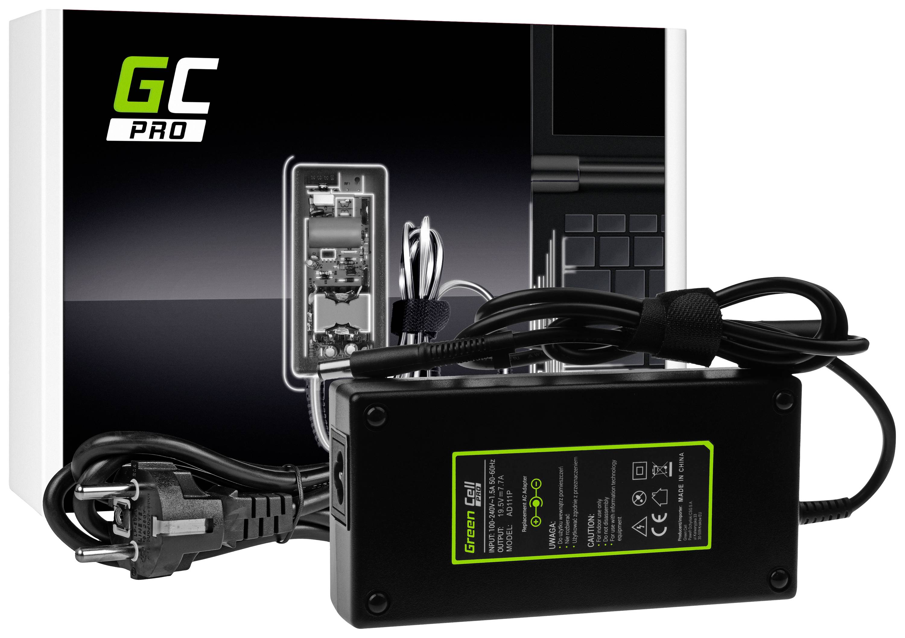 Black laptop charger with cable, in the foreground, in front of packaging with a technical diagram and 'GC PRO' label.