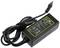 Black laptop power adapter with cable and green label displaying technical details. Plug type is visible.