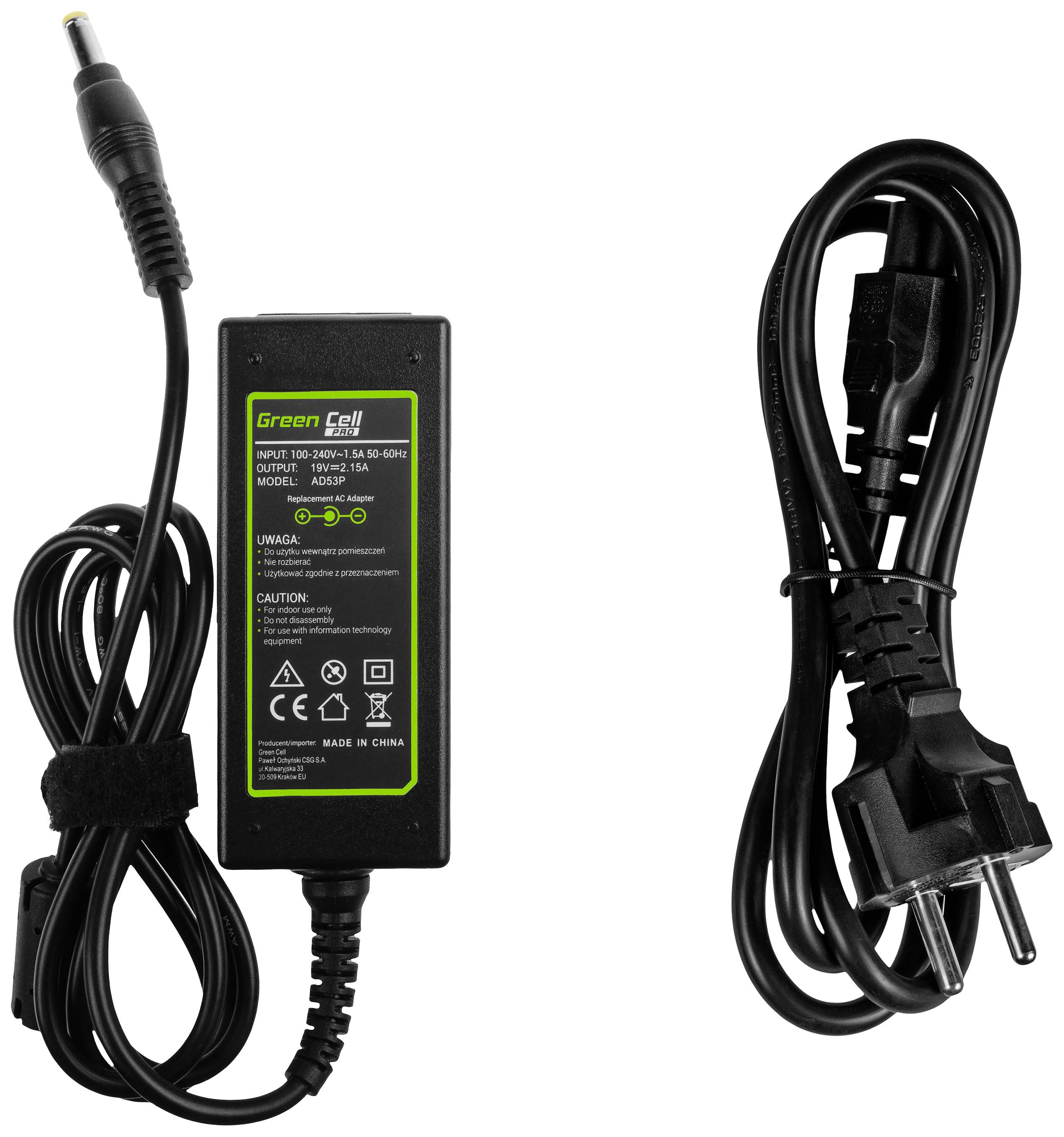 'Laptop Power Supply with Cable, Model Green Cell ADPC-36-85. Input: 100-240V, 1.8A, 50-60Hz. Output: 19V, 4.74A, 90W.'