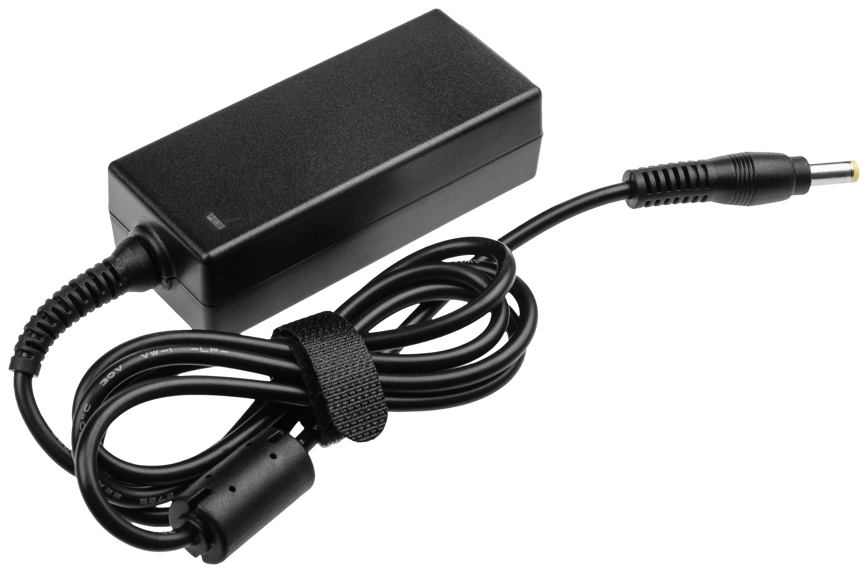 Black laptop power adapter with a long cable coiled in loops.