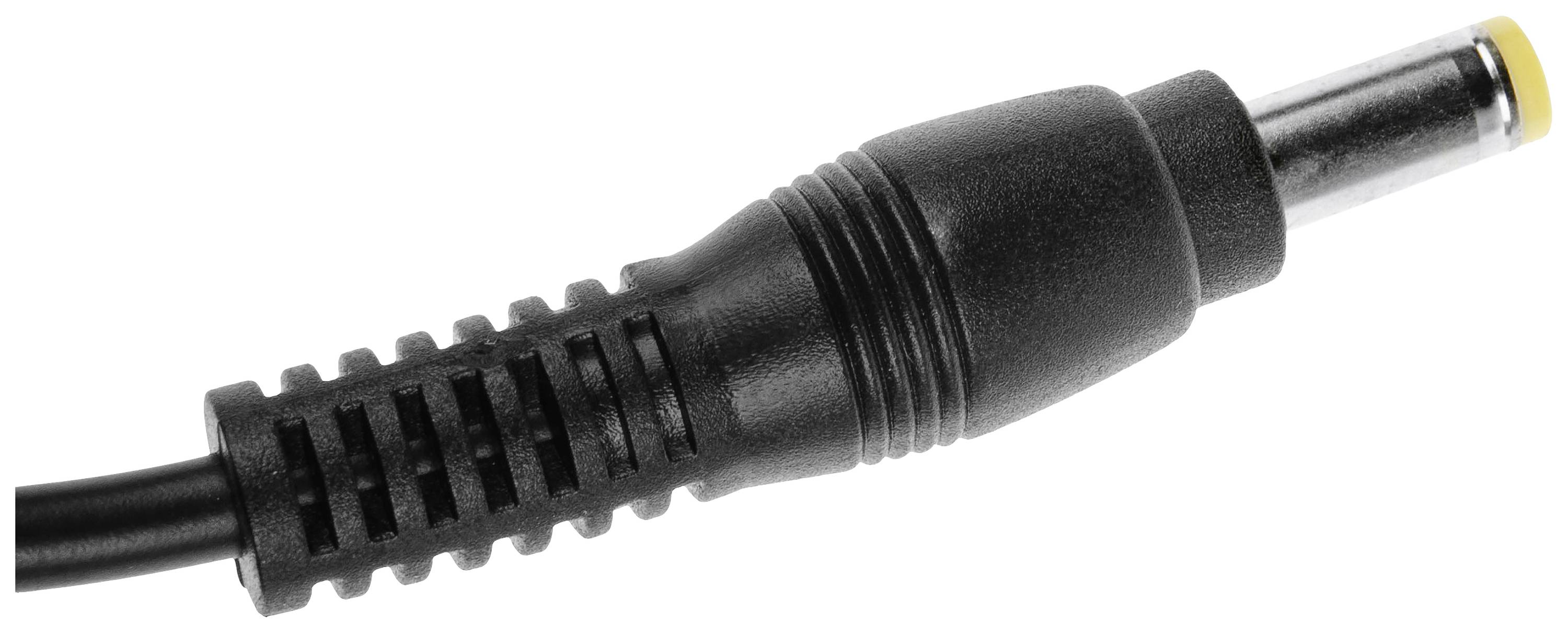 Black DC power plug with a ribbed grip and yellow tip, commonly used for connecting electrical devices.