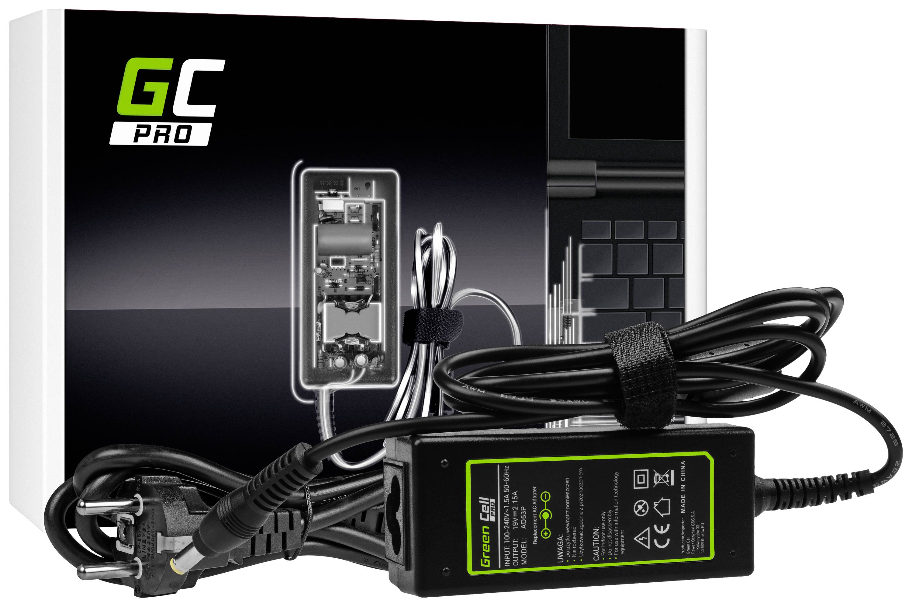 'GC PRO' Notebook Charger with packaging shown. Small box with cables and plug. Packaging displays internal electronics.