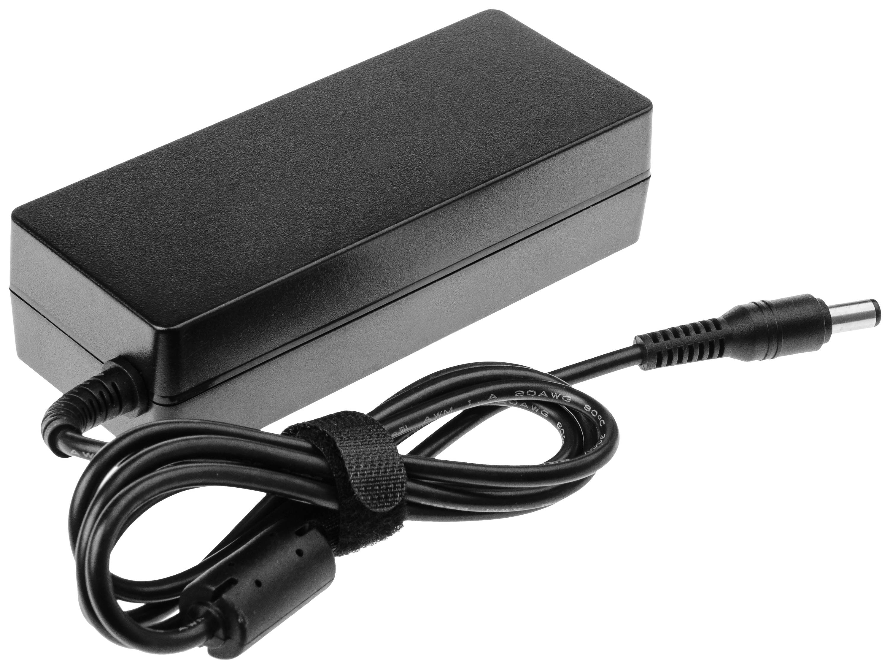 Black laptop power adapter with cable, compatible with various models, on white background.