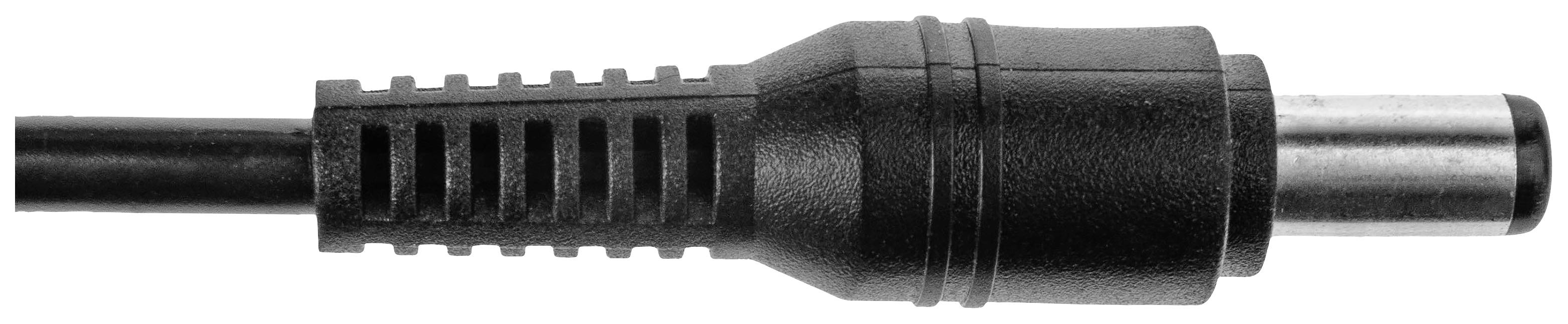 A black DC plug with a ribbed handle is positioned horizontally. The plug is pointing to the right.
