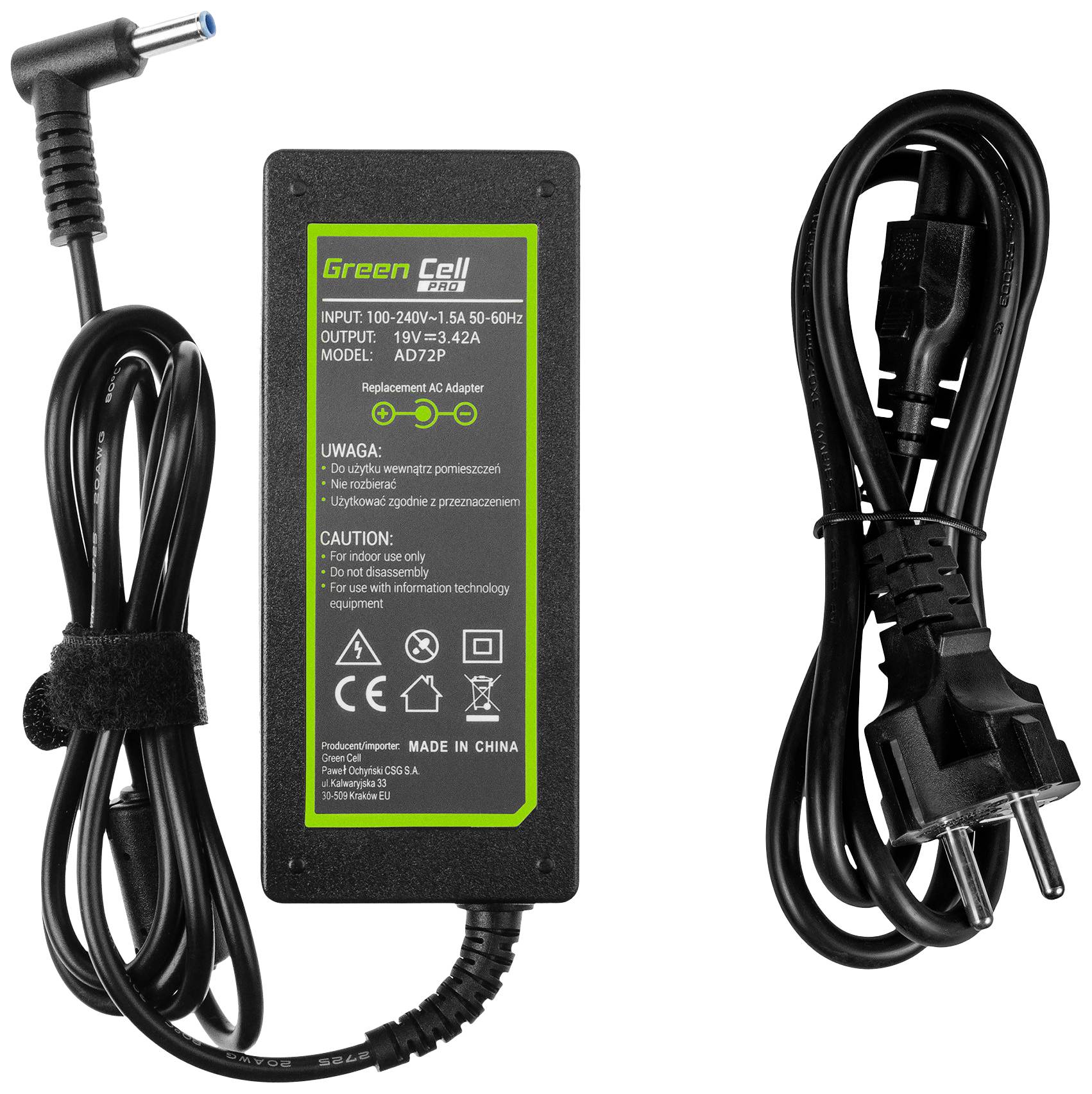 Power supply with cables for electronic devices. The label displays technical specifications: Input 100-240V, Output 19V/3.42A.
